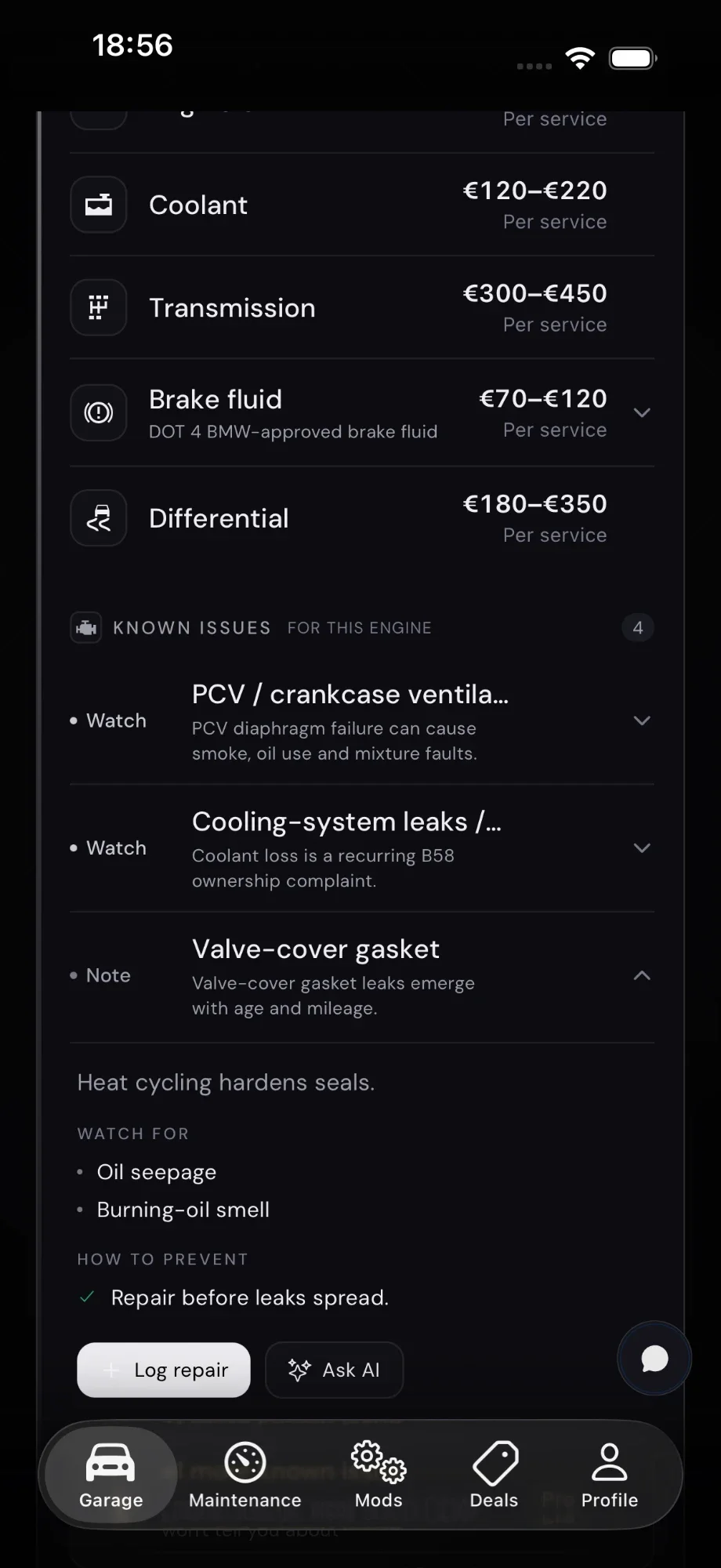 Known engine issues screen